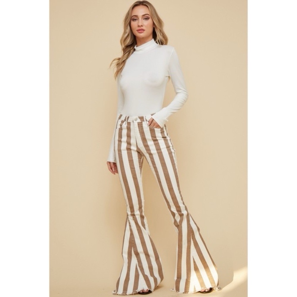 COACHELLA TAUPE/CREAM STRIPED FLARE JEANS - Picture 2 of 9